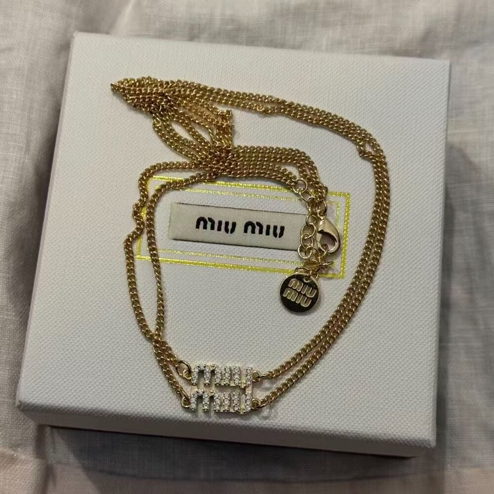 Miu Miu Crystal Logo Double Chain Necklace Gold Tone Adjustable